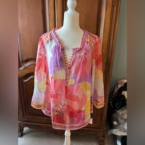 Hale Bob Vibrant Floral Sheer Silk Blouse, NWT, L